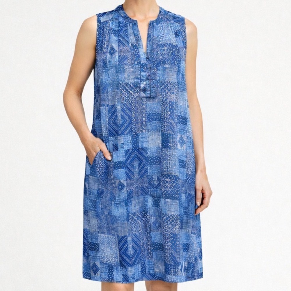 J McLaughlin Nylee‎ sleeveless linen dress Size M Blue diamond Patchwork Shift